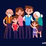 Ilustração de uma família com várias gerações reunidas, incluindo crianças, adultos e idosos, com logo do LCbank no canto.