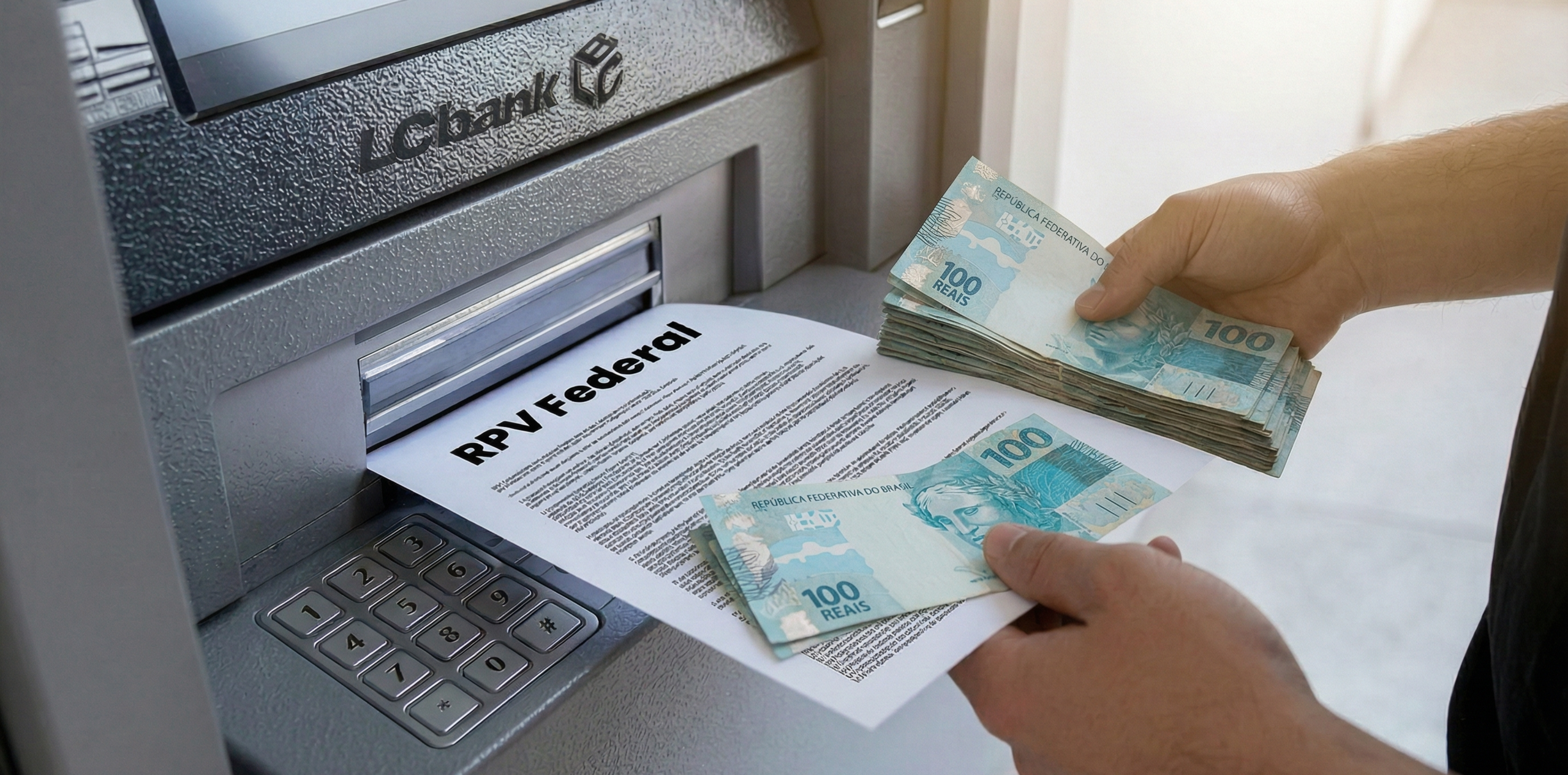 Mão retira dinheiro e RPV Federal de caixa eletrônico do banco C6
