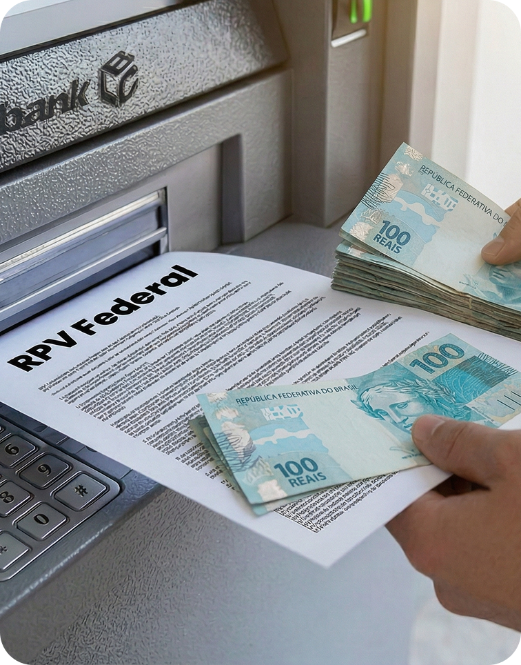 Pessoa saca RPV Federal com notas de 100 reais em caixa eletrônico.
