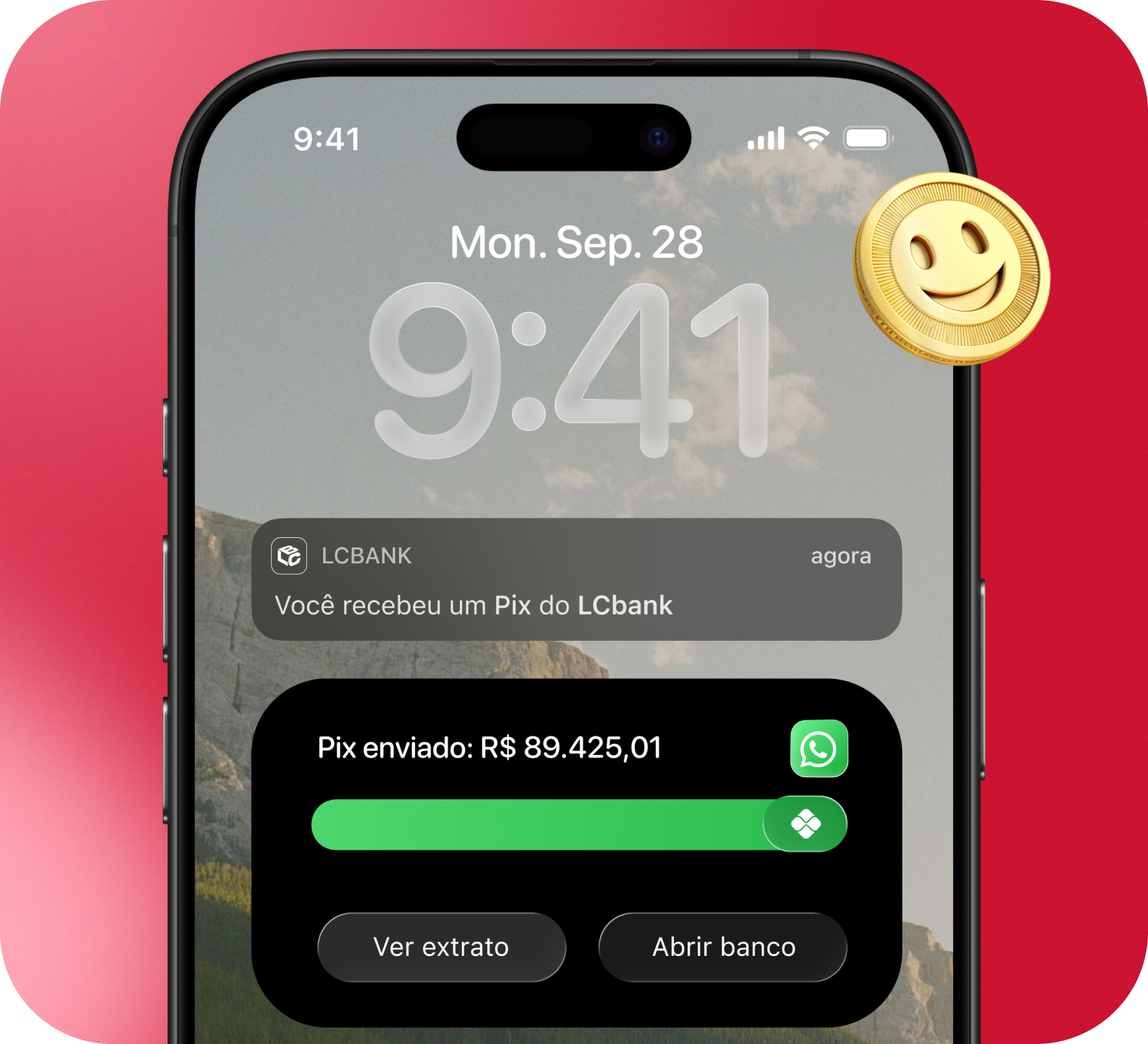 Tela de celular com notificação de Pix recebido R$ 89.425,01 do LCBANK.